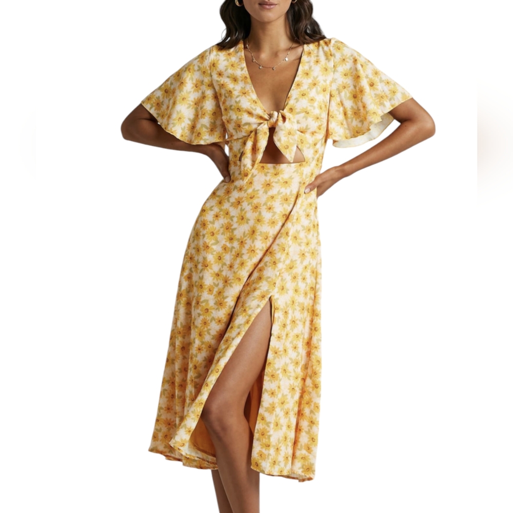 WILD AND FREE MIND MIDI SUN DRESS - FRONT TIE CUT OUT DRESS IN SUNFLOWER PRINT